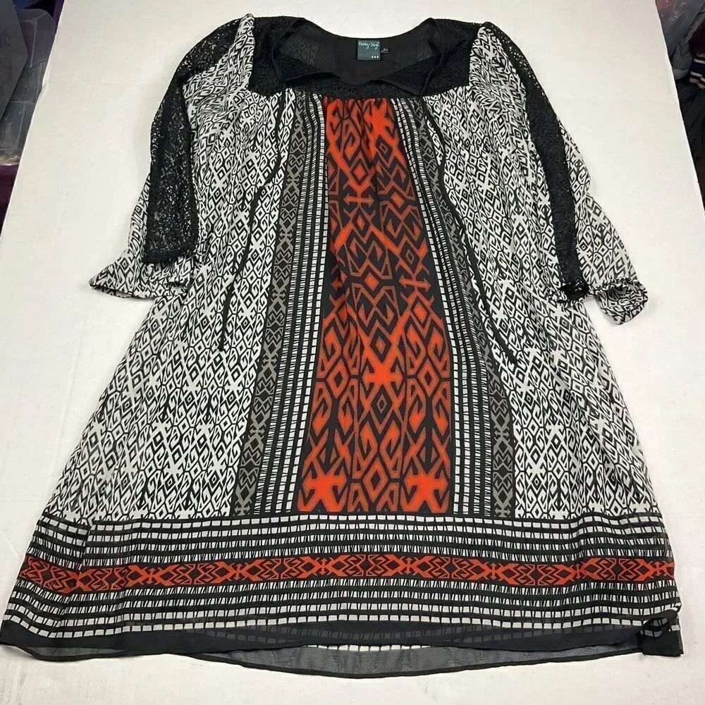 Gabby Skye Womens Lace Shift Dress Printed V-Neck 3/4 Sleeve Pullover Size 4